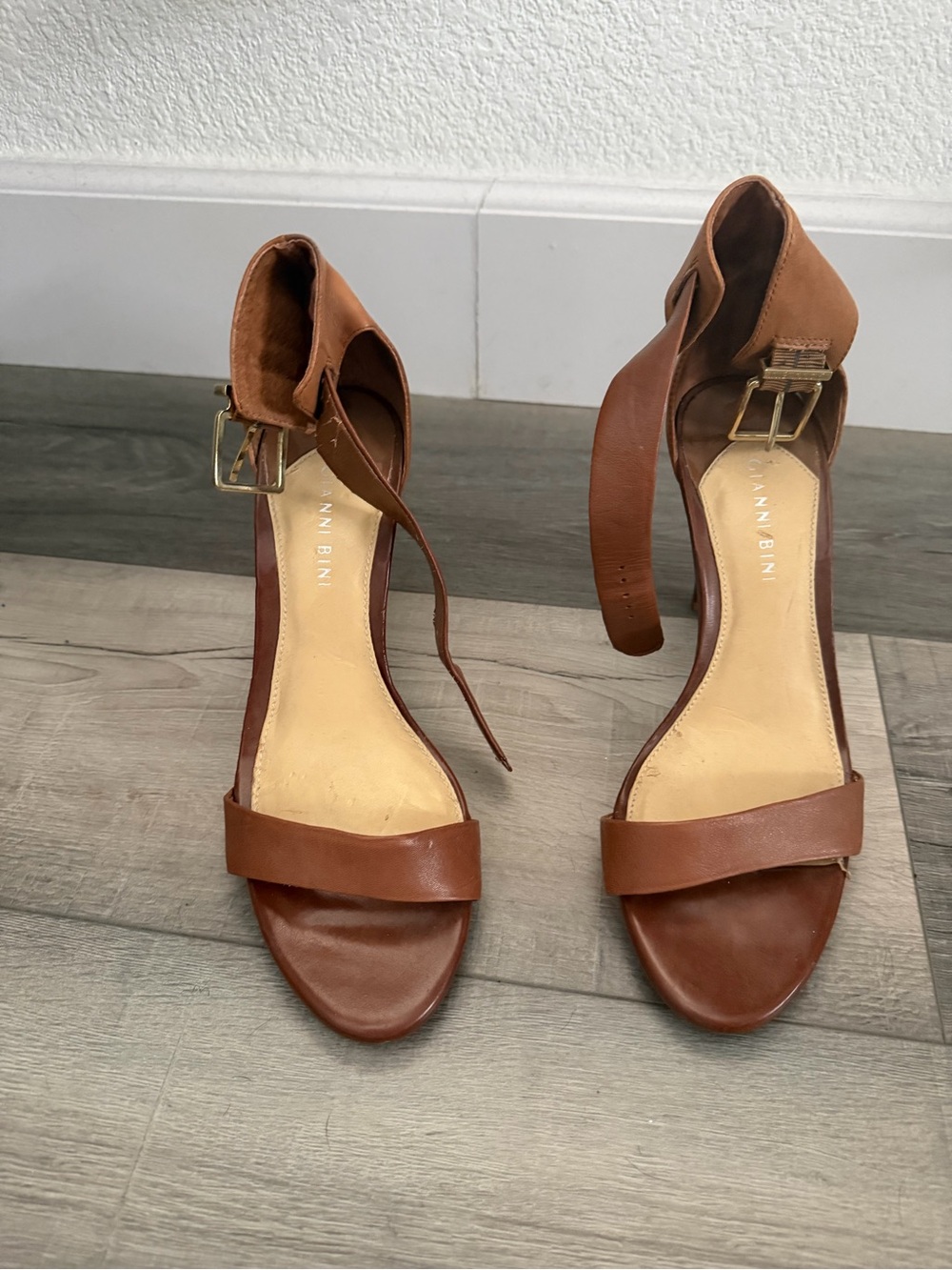 Vince Camuto Cognac Brown Leather Ankle-Strap Heels